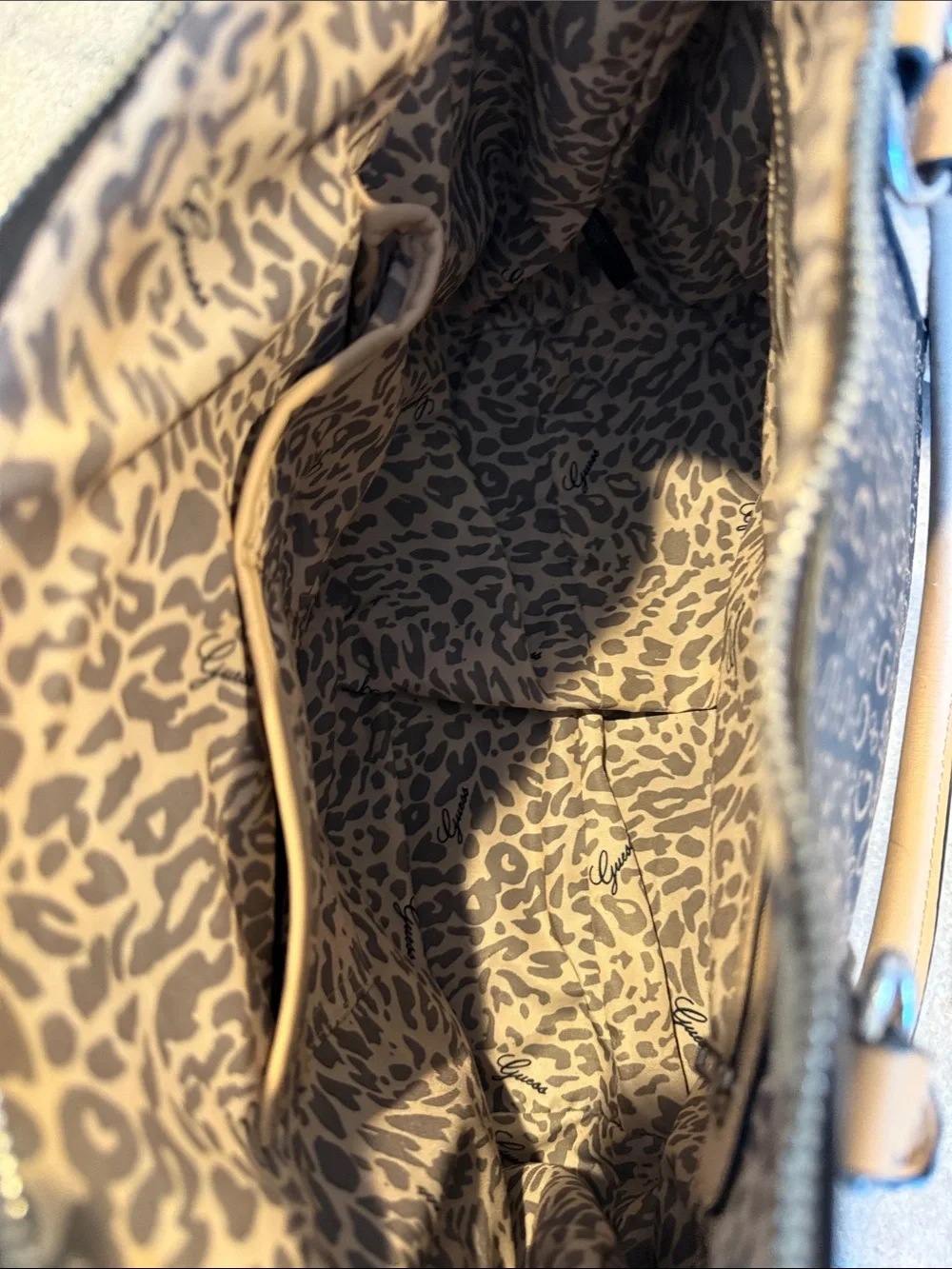 GUESS Brown Monogram Satchel with Tan Trim